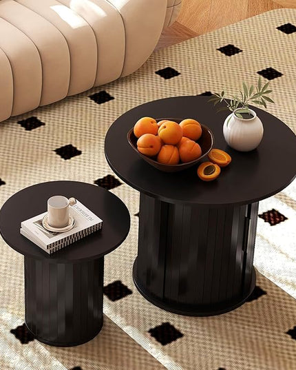 COSVALVE Round Wood Coffee Table 23.6IN with Hidden Storage & Sliding Door, Circle Farmhouse Side Table Sets for Living Room, Bedroom, Balcony, Small Spaces, Black
