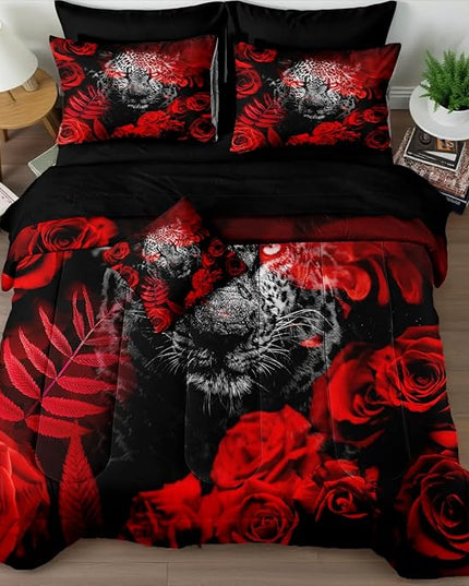 Bedbay Red Rose Leopard Comforter Set California King 8 Pcs Bed in a Bag Cheetah Bedding Teen Women Adults Men Leopard Bedding Wild Animal and Rose Flower California King Bed Set (Black,Cal-King)