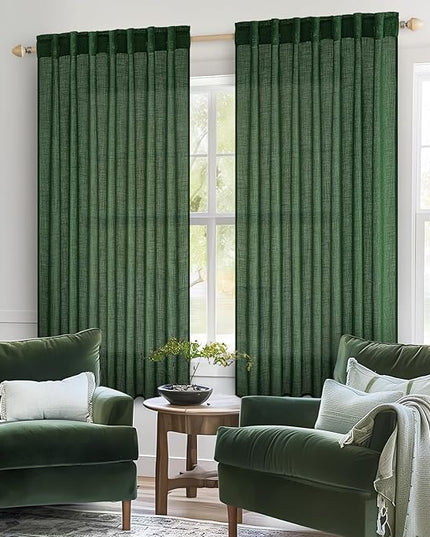 MIULEE Emerald Green Short Curtains 63 Inch Length 2 Panels for Kitchen Bedroom, Christmas Soft Thick Linen Textured Living Room Window Drapes Semi Sheer Light Filtering Back Tab Burlap Look Decor