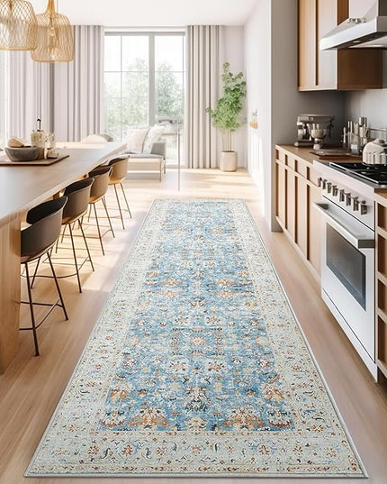 jinchan Hallway Runner Rug 3x10 - Vintage Kitchen Rug Washable Runner Floral Boho Floor Cover Lightweight Non Slip Thin Retro Distressed Carpet for Bathroom Laundry Room Bedroom Stairway Light Blue