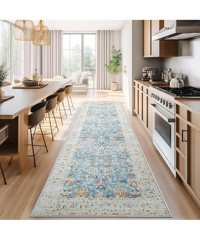 jinchan Hallway Runner Rug 3x10 - Vintage Kitchen Rug Washable Runner Floral Boho Floor Cover Lightweight Non Slip Thin Retro Distressed Carpet for Bathroom Laundry Room Bedroom Stairway Light Blue