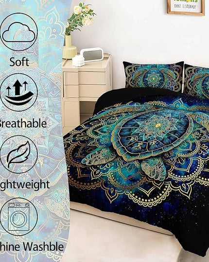 AILONEN Ethnic Turtle Bedding Set Full Size - Blue Green Starry Mandala Boho Comforter Set with 2 Pillowcases,3-Piece Bedding