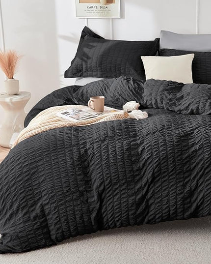 HYMOKEGE Black/Light Grey Full Size Comforter Sets Seersucker 7 Pieces, All Season Luxury Bed in a Bag for Bedroom, Bedding Set with Comforter, Sheets, Pillowcases & Shams
