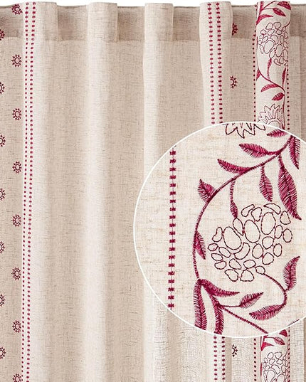jinchan Christmas Curtains for Bedroom 84 Inches Length Embroidered Bordered Floral Curtains for Living Room Farmhouse Decor Light Filtering Window Treatments Red on Beige Drapes 2 Panels