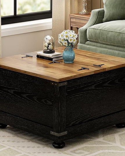 Farmhouse Coffee Table with Storage, Lift Coffee Tables for Living Room, Square Coffee Table with Wood Gourd Feet and Hydraulic Gas Rod (Black)