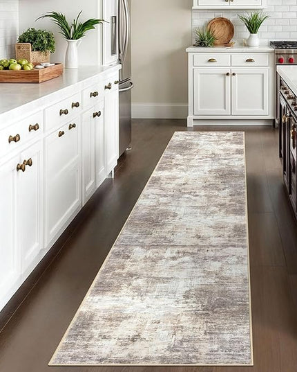 IOHOUZE Abstract Runner Rug 2x10 Ft Washable Runners for Hallways, Non Slip Kitchen Runner Printed Faux Wool Entryway Runner Indoor, Modern Abstract Floor Carpet for Hall Kitchen, Beige Brown