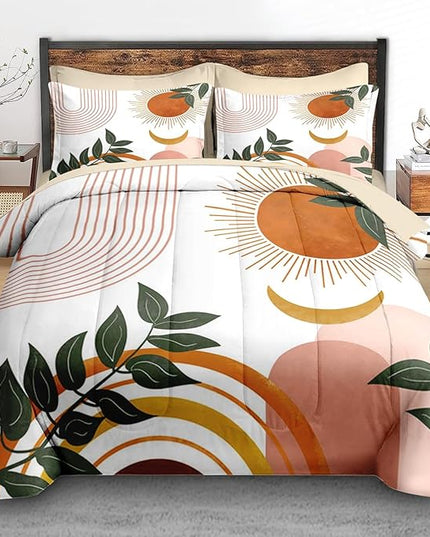 Comforter Set Queen Size, Boho Retro 7 Pcs Bedding for Kids and Adults, Vintage Sunshine Bed Sheet Sets with Fitted Sheet 2 Pillowcase & 2 Sham for Bedroom Bed Decor
