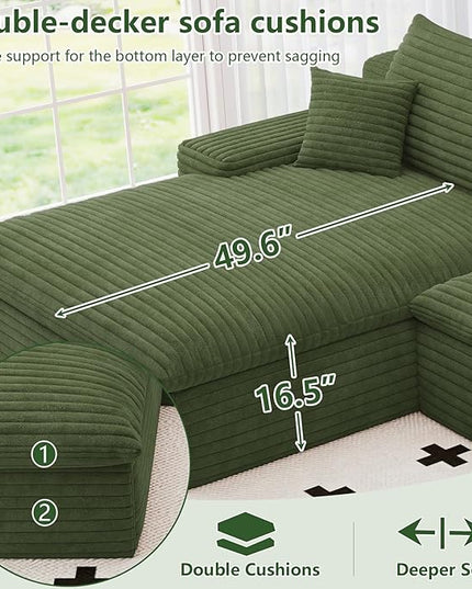 107" Cloud Couch Modular Sectional Sofa for Living Room, U-Shape Boneless Couch with Deep Seat, Modern Corduroy 3-Seater with Ottoman, No Assembly Required (Green,Left-Facing Chaise)