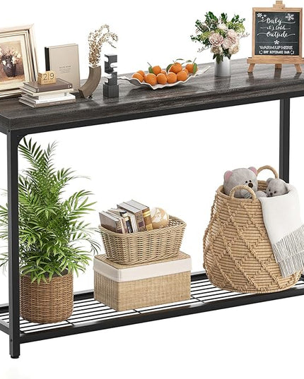 47" Console Table with Storage, 2 Tier Narrow Entryway Table, Sofa Table with Mesh Shelves, Console Tables for Living Room, Bedroom, Hallway, Entryway, Foyer, Oak Grey