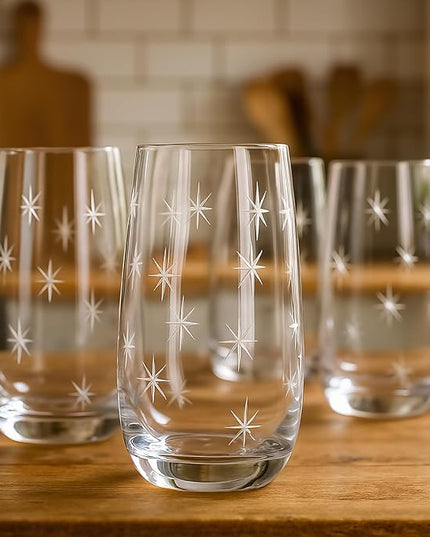 SHOSHIN Hand-Cut Highball Glasses – 17 oz Set of 4, Premium Lead-Free Crystal Drinking Glasses with Star Pattern, Ideal for Water, Collins Cocktails, and More, Dishwasher Safe