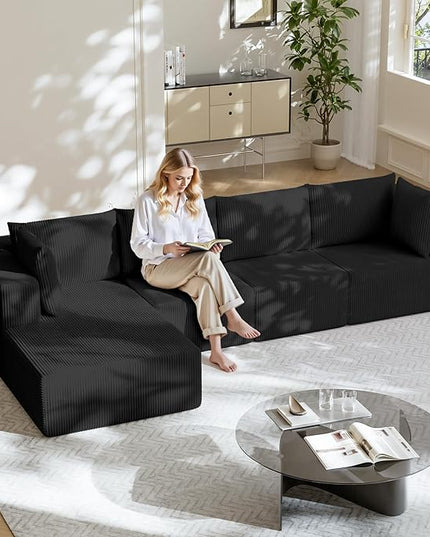 138" Boneless Couches for Living Room, Modular Cloud Couch Sofa - 4 Pieces L Shap Corduroy Sectional Sofa, Fluffy Memory Foam Sleeper Sofa Furniture, No Assembly, Wide Armrest, Black