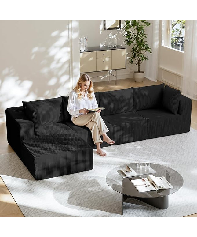 138" Boneless Couches for Living Room, Modular Cloud Couch Sofa - 4 Pieces L Shap Corduroy Sectional Sofa, Fluffy Memory Foam Sleeper Sofa Furniture, No Assembly, Wide Armrest, Black