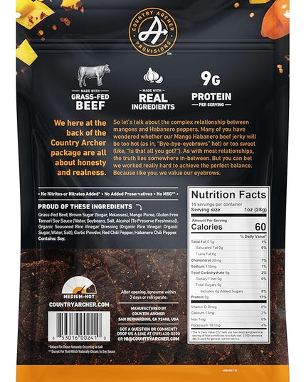 Country Archer Grass-Fed Beef Jerky - Beef Jerky Snack Pack, Beef Jerky Bulk, Individual Beef Jerky Pack, Protein Snack, Country Archer Beef Jerky, Gluten Free, Paleo - Mango Habanero, 16 oz