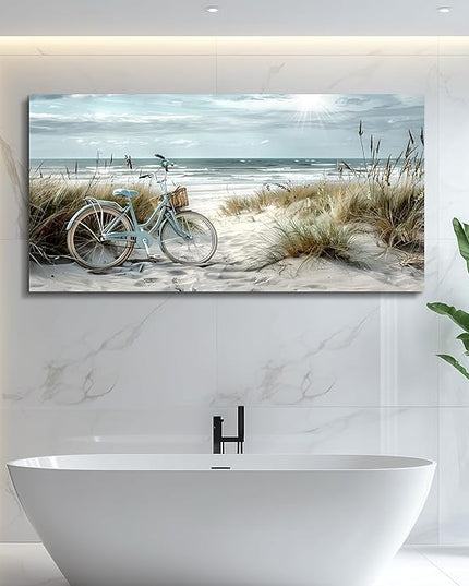FUHAIHUA Wall Art For Living Room Canvas Decor For Bedroom Modern Office Decorations Blue Beach Bicycle Seascape Paintings Ocean Landscape Pictures Artwork Ready To Hang Home Decor