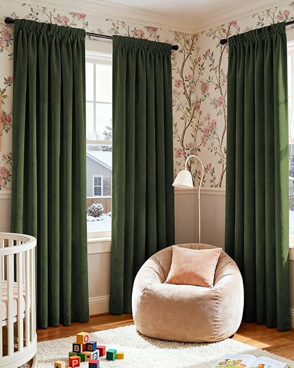 Lazzzy Velvet Blackout Curtains Thermal Insulated Room Window Drapes Super Soft Luxury Curtains for Living Room Bedroom Rod Pocket 2 Panels, Moss, 52" W x 90" L