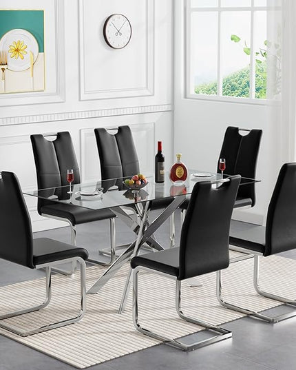 HomVent 7 Pieces Rectangular Glass Dining Table Table Set, Glass Kitchen Table Set for 6 with 6 PU Dining Chairs for Kitchen Dining Room