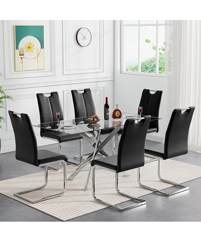 HomVent 7 Pieces Rectangular Glass Dining Table Table Set, Glass Kitchen Table Set for 6 with 6 PU Dining Chairs for Kitchen Dining Room