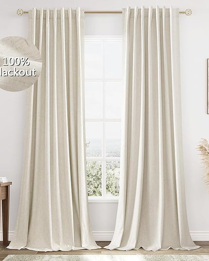 Guken Beige Cream Linen Blackout Curtains 84 Inch Length 2 Panels Set for Living Room Bedroom Back Tab Thermal Insulated 100% Black Out Linen Drapes Room Darkening Window Curtains 84 Inches Long