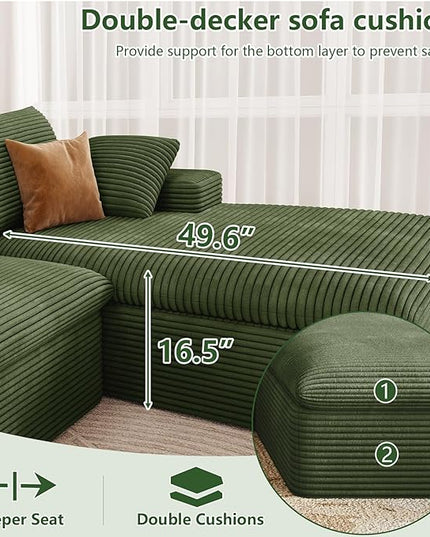 136" Cloud Couch Modular Sectional Sofa for Living Room, L-Shape Boneless Couch with Deep Seat, Modern Corduroy 4-Seater, No Assembly Required (Green,Right-Facing Chaise)