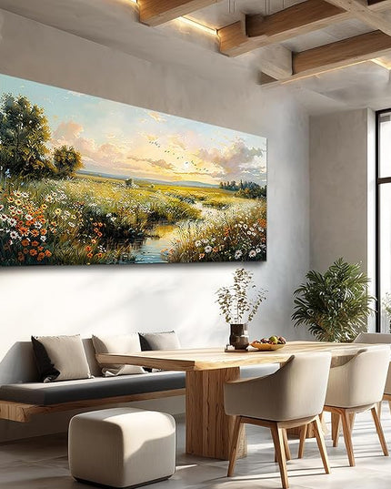XIGUANGART Rustic Landscape Wall Art Canvas Prints Nature River Meadow flowers Wall Decor Sunset Pastoral Abstract Pictures Modern Artwork for Living Room Bedroom Kitchen Office Large Home Decorations