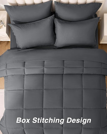 Love's cabin California King Comforter Set Soot Grey, 7 Pieces California King Bed in a Bag, All Season Bedding Sets with 1 Comforter, 1 Flat Sheet, 1 Fitted Sheet, 2 Pillowcase and 2 Pillow Sham