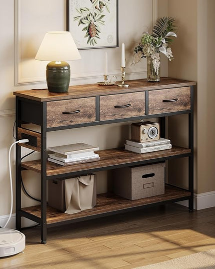 Lulive Entryway Table with Power Outlets, Console Table with 3 Fabric Drawers, Sofa Table for Living Room, Hallway, Couch, Foyer, Height Adjustable (Rustic Brown, 43")