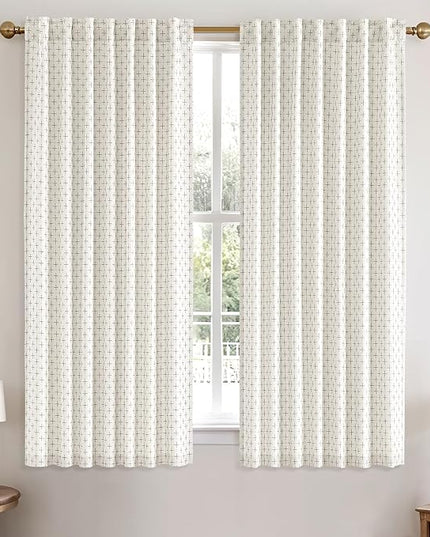 MIULEE Decorative Back Tab Linen Curtains with Geometric Pattern for Living Room Bedroom Farmhouse Rustic Thick Woven Textured Patterned Mudcloth Drapes 63 Inch Length 2 Panels Set, Pure White