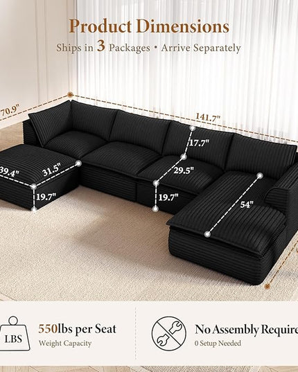 Vesgantti 141.7" U Shaped Sectional Boneless Couch, Modern 6 Seater Modular Sofa with Chaise & Ottoman, Deep Seat Plush Corduroy Cloud Couches for Living Room, No Assembly Required, Black