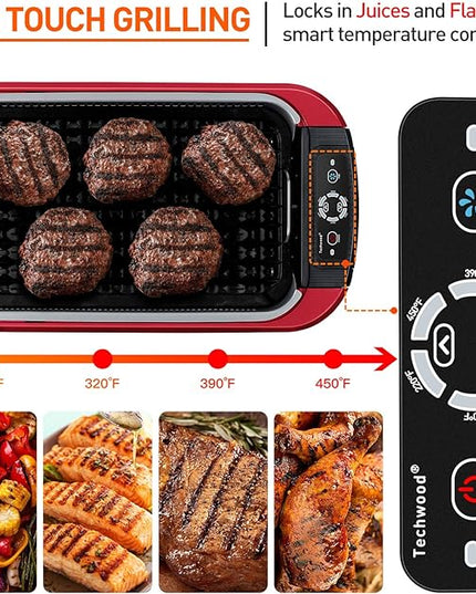 Indoor Smokeless Grill, Techwood 1500W Electric BBQ Grill with Temperature Control, Korean Grill Removable Non-Stick Grill & Griddle Plates, Tempered Glass Lid, Red