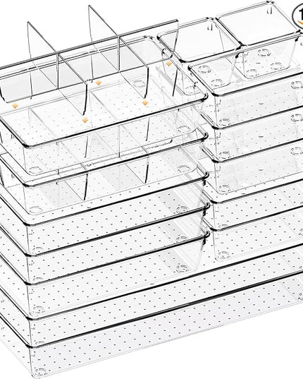 Criusia Drawer Organizer - 18 Pack Clear Large Kitchen Drawer Organization Trays, Non-Slip Dividers for Makeup, Jewelry, Utensils, Office, Bedroom, Bathroom