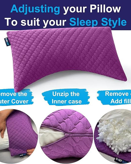 Sidney Sleep Set of 2 Queen Size Adjustable Bed Pillows for Side and Back Sleepers - Memory Foam Pillows for Neck and Shoulder Support - Customizable Loft - Extra Foam Included (Magenta)