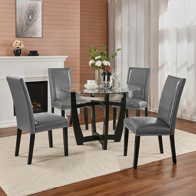 PADMA HOUSE Round Glass Dining Table Set for 4, 45in Modern Kitchen Small Wood Dinner Table with 4 Parsons Leather Dining Chairs 5 Piece Dining Room Table Chair Set, Clear&Grey