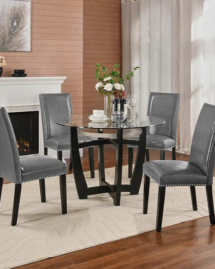 PADMA HOUSE Round Glass Dining Table Set for 2, 45in Modern Kitchen Small Wood Dinner Table with 2 Parsons Leather Dining Chairs 3 Piece Dining Room Table Chair Set, Clear&Grey