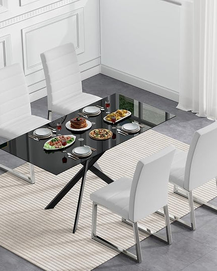 HomVent 5 Pieces Rectangular Glass Dining Table Set, Black Glass Dinner Table for 4 Kitchen Table Set with 4 PU Dining Chairs for Kitchen