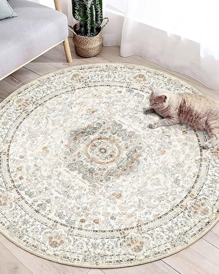 Boho Round Rug 4ft,Washable Circle Area Rugs for Bedroom Bathroom Entryway,Beige Vintage Bohemian Distressed Oriental Floral Carpet Non Slip