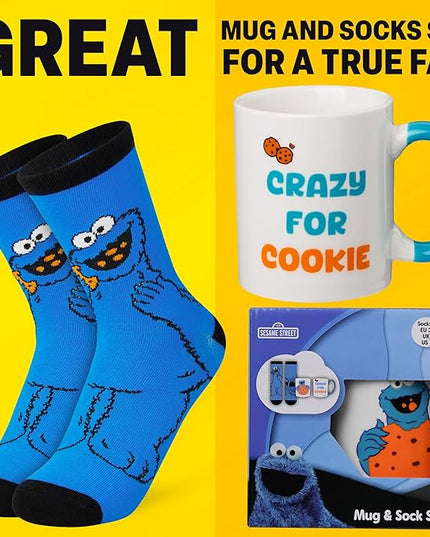 Get Trend Sesame Street Coffee Mug and Socks Set, 11.5 oz Ceramic Cup with Crew Socks, Elmo Drinkware Christmas, Secret Santa Gifts for Women (Multi Cookie Monster)