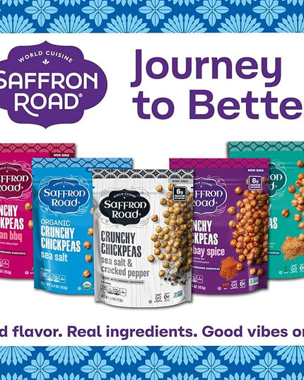 Saffron Road Organic Roasted Sea Salt Crunchy Chickpeas | High-Protein, Vegan, Gluten-Free, Non-GMO, Halal & Kosher Certified Snack | 5.4 oz Resealable Pouch | Pack of 6