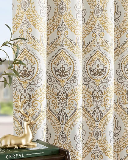jinchan Blackout Curtains 96 Inches Long Yellow Damask Medallion Window Curtains for Bedroom Grommet Thermal Insulated Drapes for Living Room Vintage Luxury Window Treatments Set 2 Panels