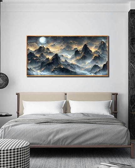 Ouzzlie Black and Gold Art Wall Decor Moon Wall Art for Office Mountain Landscape Canvas Picture Artwork 24" x 48"