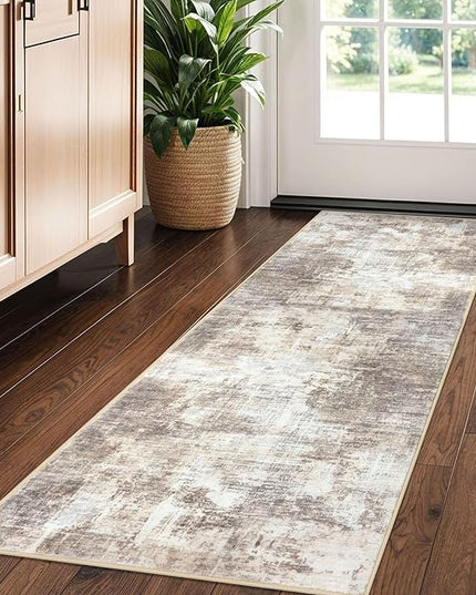IOHOUZE Abstract Runner Rug 2x5 Ft Washable Runners for Hallways, Non Slip Kitchen Runner Printed Faux Wool Entryway Runner Indoor, Modern Abstract Floor Carpet for Hall Kitchen Bedroom, Beige Brown