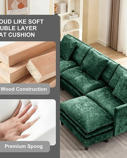 Modular Sectional Sofa,143.31'' Modern Sofa Sleeper Couch,Comfy Cloud Couches with 3 Seat & 2 Ottoman & 3 Pillows Sofa Set,Deep Seat Sofa with Movable Ottoman for Living Room,Chenille(Green, U Shaped)