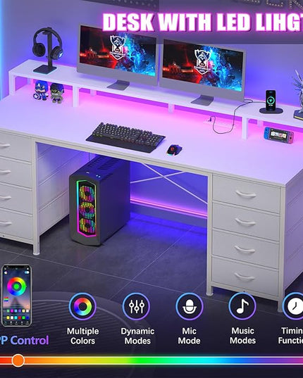 60 Inch Computer Desk with 8 Fabric Drawers, Gaming Desk with LED Lights & Power Outlets, Home Office Desk with Monitor Stand, White