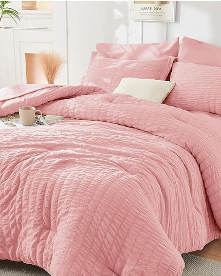 HYMOKEGE Rose Pink King Size Comforter Set Seersucker 7 Pieces, All Season Luxury Bed in a Bag for Bedroom, Bedding Set with Comforter, Sheets, Pillowcases & Shams