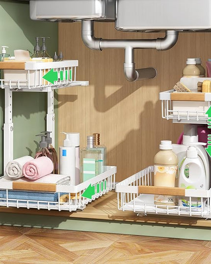 Under Sink Organizer, 2 Packs 2 Tier Under Sink Organizers and Storage, Slide out Pull out Cabinet Organizer Shelf, Metal Sliding Drawer for Kitchen Bathroom Pantry Closet Rack(White)