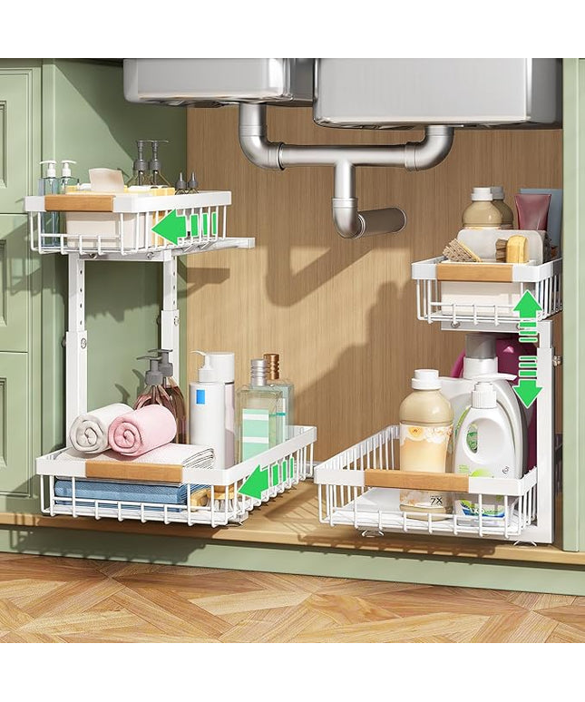 Under Sink Organizer, 2 Packs 2 Tier Under Sink Organizers and Storage, Slide out Pull out Cabinet Organizer Shelf, Metal Sliding Drawer for Kitchen Bathroom Pantry Closet Rack(White)