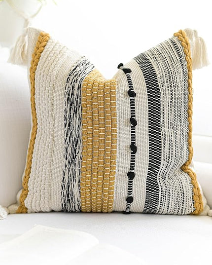 BlissBlush Yellow Mustard Decorative Throw Pillow Cover 18x18 Square Boho Accent Pillowcase Tassels Farmhouse Cushion for Couch Sofa Bedroom Living Room Home Décor Cover ONLY