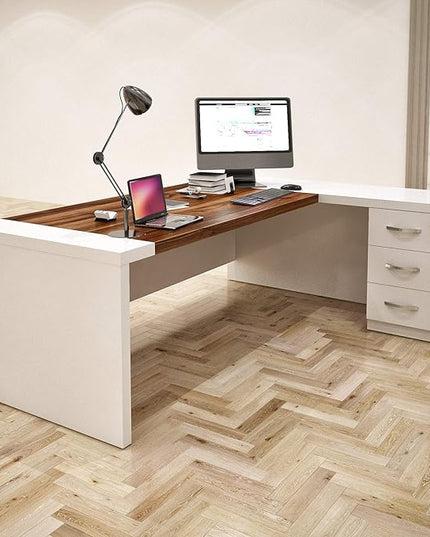 Leon 87" Wood Executive Large Desk for Home Office | Executive Right Side L Shaped Corner Desk & File Drawers w/Telescopic Rail | Modern Business Furniture | White & Brown