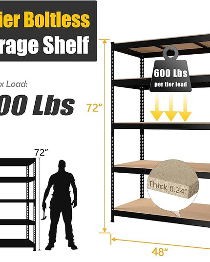 PrimeZone 48" x 24" x 72" Heavy Duty Storage Shelves - 5 Tier Adjustable Garage Storage Shelving, Metal Storage Utility Rack Shelf Unit for Warehouse Pantry Closet Kitchen, Black