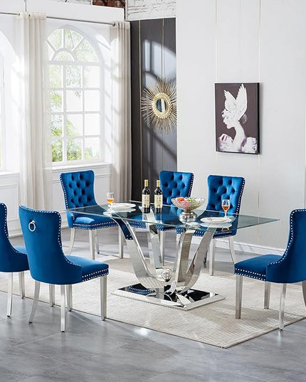 70" Silver Tempered Glass Dining Table, Modern Glass Kitchen Table Dining with Tempered Glass Tabletop and Unique Stainless Steel Pedestal, Modern Kitchen Dining Room Table for 8