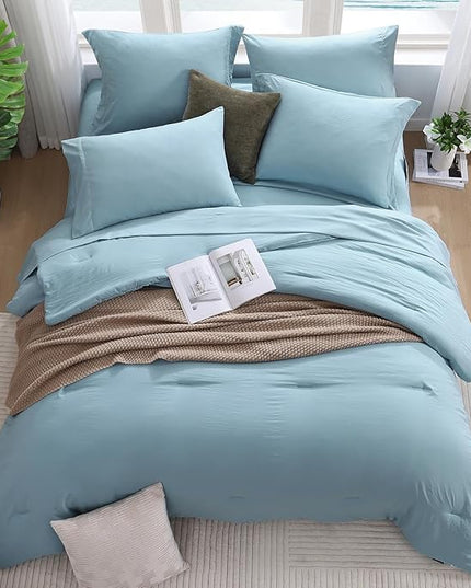 WRENSONGE King Size Comforter Set- 7 Pieces Soft Blue Bed in a Bag with Fitted Sheet, Flat Sheet, 2 Pillow Shams, and 2 Pillowcases- Warm King Bedding Set for All Season